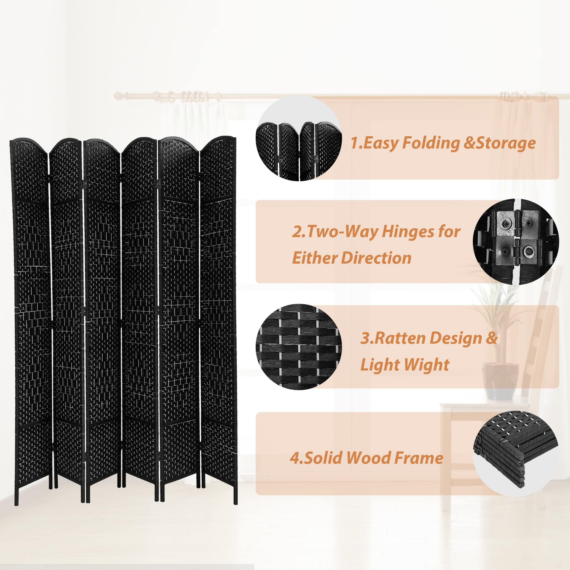CL.HPAHKL 6 Panel Room Divider, Partition Wall Divider with Double Hinged Panels 6 ft Tall Folding Privacy Screen Indoor Partitions and Dividers Freestanding for Living Room Bedroom Study, Black