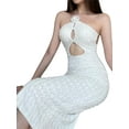 thumbnail image 3 of Faithtur Femmes Modifié Cheongsam Longue Robe Couleur Unie Floral Décoration Licou Cou Épaule Coupe Robe, 3 of 6