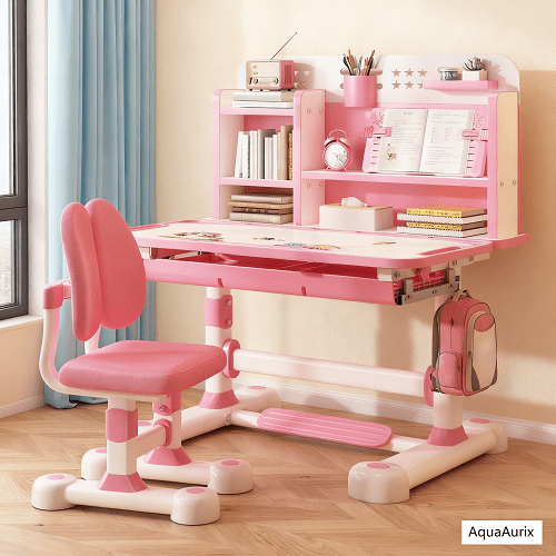 AquaAurix Height Adjustable Children School Study Table Chair Set, Kids Study Desk and Chair Set, with Book Stand, Foot Pedal, Partition Design,Pink