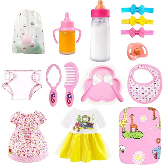 16 Pcs Baby Doll Accessories, Baby Doll Clothes and Accessories 3-5 Year Old, Baby Doll Feeding and Caring Set with Doll Diapers, Magic Bottle, Birthday Gifts Baby Doll for 2 3 4 Year Old Girls