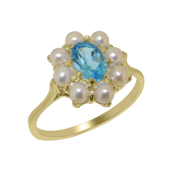 LBG British Made 14k Yellow Gold Natural Blue Topaz & Cultured Pearl Womens Cluster Ring - 33 size options - Size 5.25