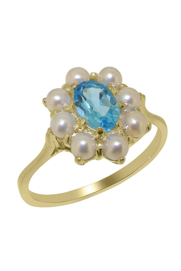 LBG British Made 9k Yellow Gold Natural Blue Topaz & Cultured Pearl Womens Statement Ring - 33 size options - Size 9