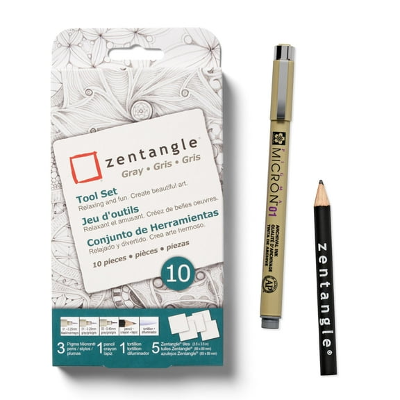 Sakura Zentangle Tool Set - 1 Black Pigma Micron Pens, 2 Gray Micron Pens, 1 Black Graphite Pencil, 1 Tortillion, 5 3.5" White Paper Tiles - White Zentangle Tiles - 10 Piece Set