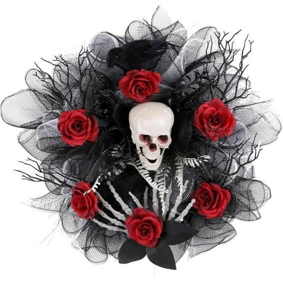 Halloween Decorations Indoor Outdoor - Halloween Skull Wreath - Halloween Wreath Red Rose Mesh Wreath For Indoor Wall And Front Door Wall & Door Hanging Decoration Home Party Decor
