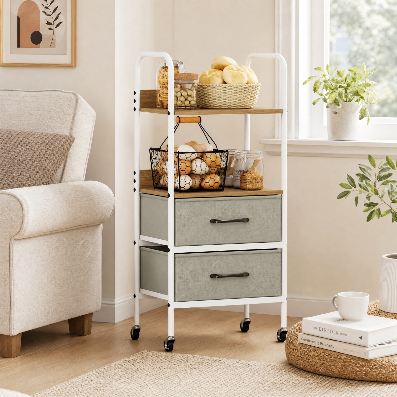 Furnibear Rolling Utility Storage Cart with 2 Open Shelves and 2 Fabric Drawers for Home Office Filing Document Letter Legal Storage, Natural
