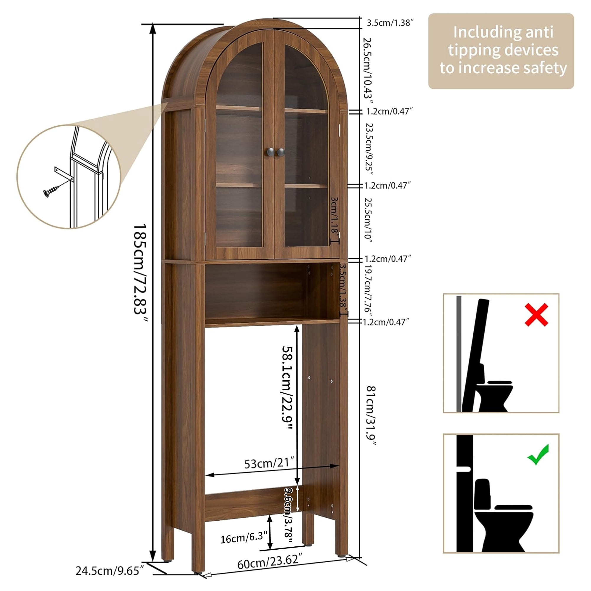 Oubayajia Over The Toilet Storage Cabinet, Bathroom Shelf Over Toilet with Acrylic Doors, 4-Tier Bathroom Storage Cabinet Organizer with Adjustable Shelf, Walnut