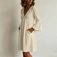 thumbnail image 7 of Vivianyo HD Women's V-Neck Single Button Midi Dress, 3/4 Bell Sleeve Solid Loose Casual Dresses with Side Pocket for Women, Women's Beige, Sizes S-2XL, 7 of 7