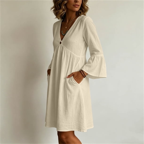 qolati Summer Dresses for Women 3/4 Bell Sleeve V Neck Casual Shift Dresses Daily Resort Work Casual Dress Beige XL