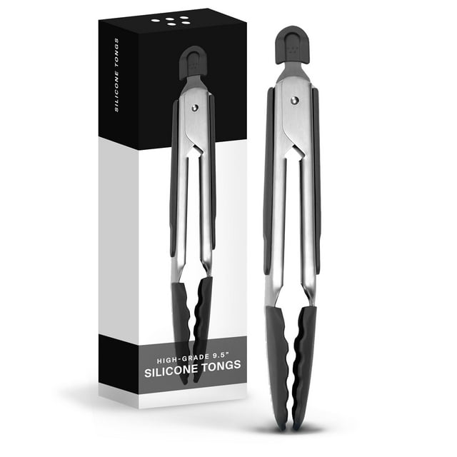 Misen Pinzas De Cocina De Acero Inoxidable - Herramienta Para Asar Con Punta De Silicona De Precisión - Antiadherente Resistente Al Calor - Perfecta Para Servir Y Freír Al Aire - 12 Pulgadas - Negro