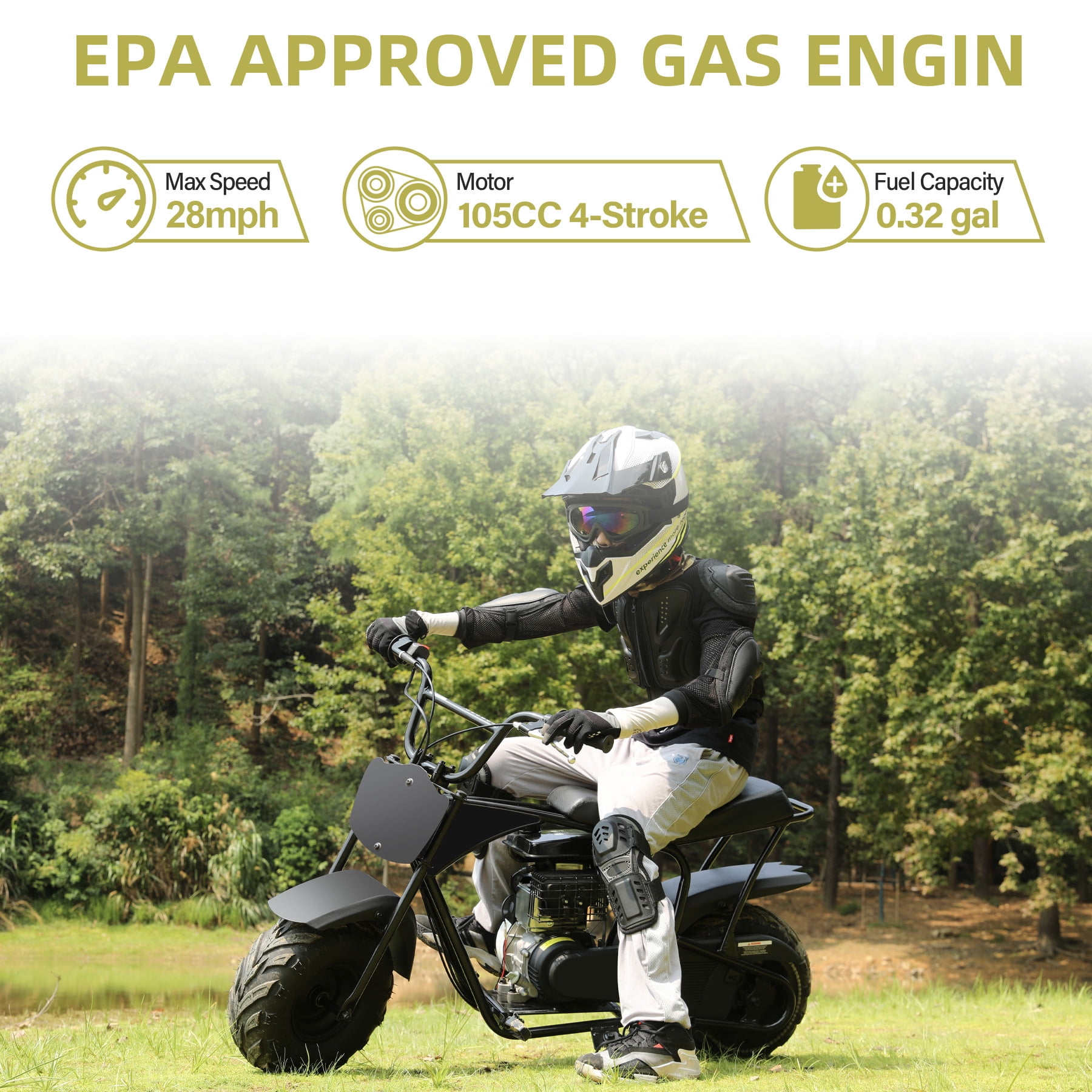 Oryxearth OGM105 Plus 4-Stroke Mini Bike, 105CC Gas Powered Dirt Bike,Off-Road Trail for Adult, up to 28 Mph, Black