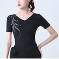 thumbnail image 5 of V Neck Gathered Shoulder Rhinestone Rumba Cha Cha Cha Pasodoble Dance Competition Tee Shirts, 5 of 6