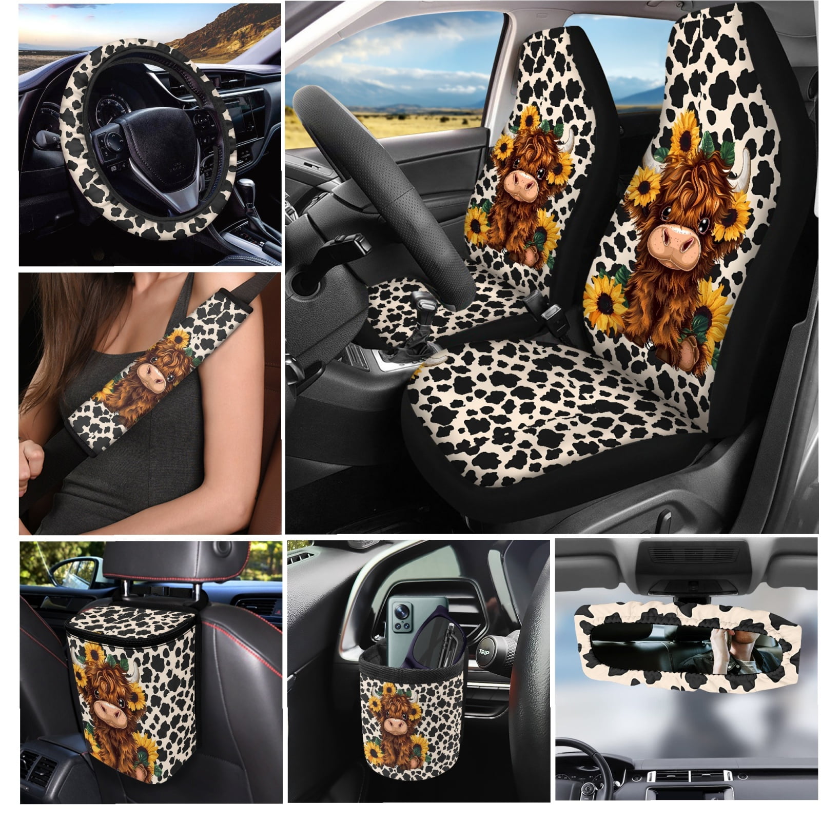 Yuyamidu Highland Cow Car Seat Cover Set of 15 Cow Print Steering Wheel Cover Sunflower Seat Belt Pads Garbage Bag Air Vent Pocket Rearview Mirror Cover Cute Car Coasters Keychain