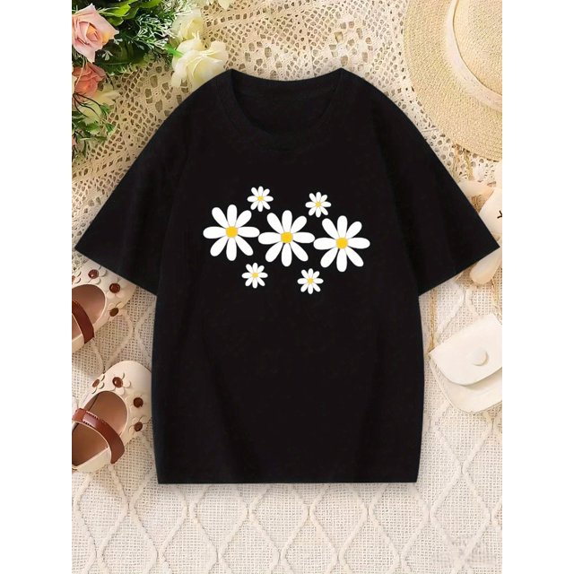Girls' Red Floral Print Cotton T-Shirt - Casual Crew Neck, Short Sleeve, Summer Knit Top with White Daisy Design, Casual Summer Wear|Floral Print Top|Soft Texture Shirt, Cute Shirts
