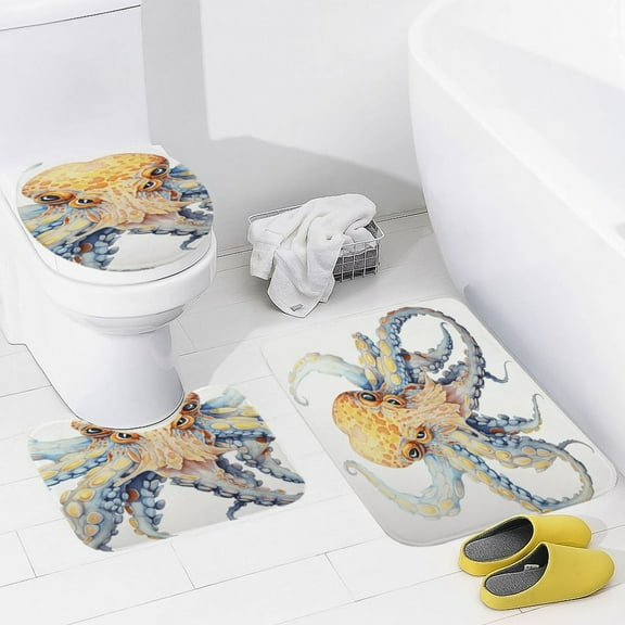 Octopus in The Mysterious Ocean Bathroom Mats Set 3-piece Bath Mats , Floor Rug Decorations for Kitchen Bathroom Bedroom