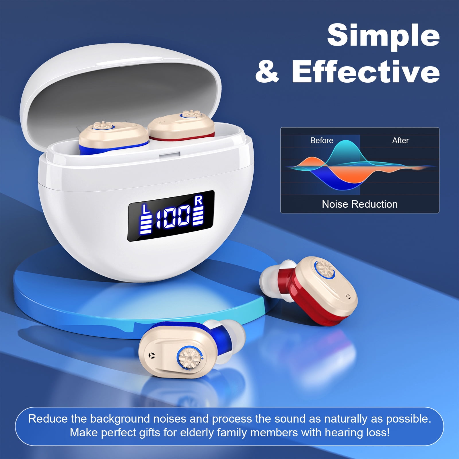 Rechargeable Hearing Aids Moderate hearing loss for Seniors with Advanced Background Noise Reduction, Long Battery Life Adjustable Volume with Charging