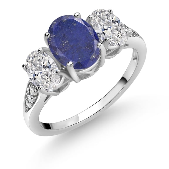 Gem Stone King 10K White Gold Blue Lapis, White Lab Grown Diamond Engagement Ring for Women | 2.24 Cttw | Oval 8X6MM | Gemstone Birthstone | Size 7