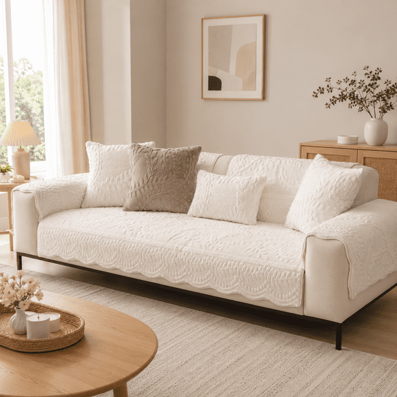 MORAVE White Fuzzy Rabbit Plush Sofa Couch Cover, 3D Jacquard Leaf Pattern Shaggy Sofa Slipcover, Cozy Warm Non-Slip Easy-to-Install Furniture Protector Perfect for Kids Dogs Cats (White,36"x70")