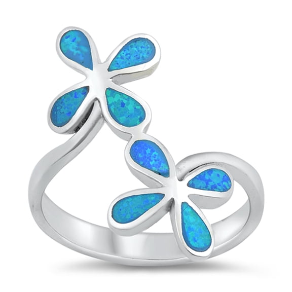 CHOOSE YOUR COLOR Blue Simulated Opal Double Flower Wrap Ring .925 Sterling Silver Band CZ Female Size 10