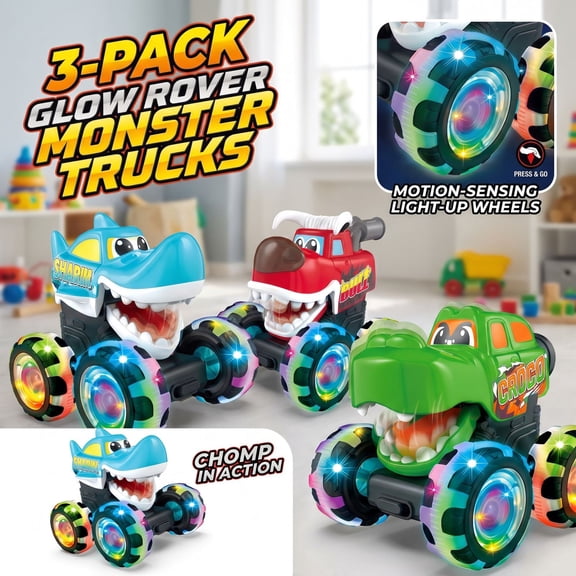 Monster Truck Toys Dinosaur Cars, Press and Go Light Up Cars for Toddlers | LED Wheels Dino Truck Toys for Baby Boys Girls Gifts, Dinosaur Cars for 2 Year Old Boy Birthday Gifts