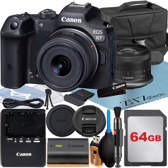 Canon EOS R7 Mirrorless Camera with RF-S 18-45mm Lens 64GB Memory Card Case ZeeTech Accessory Bundle (International Version)
