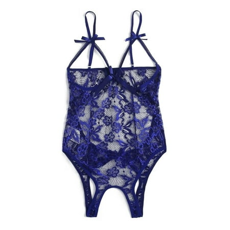 wendunide underwear women Women Bow Lace Hollow Open Crotch Teddy Bodysuit Backless Jumpsuit Lingerie Blue XXXL