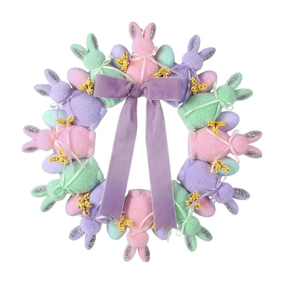 19.68Inch Easter Colorful Plush Bunny Wreaths with Bow for Front Door Wall Window Spring Summer Easter Party Decorations