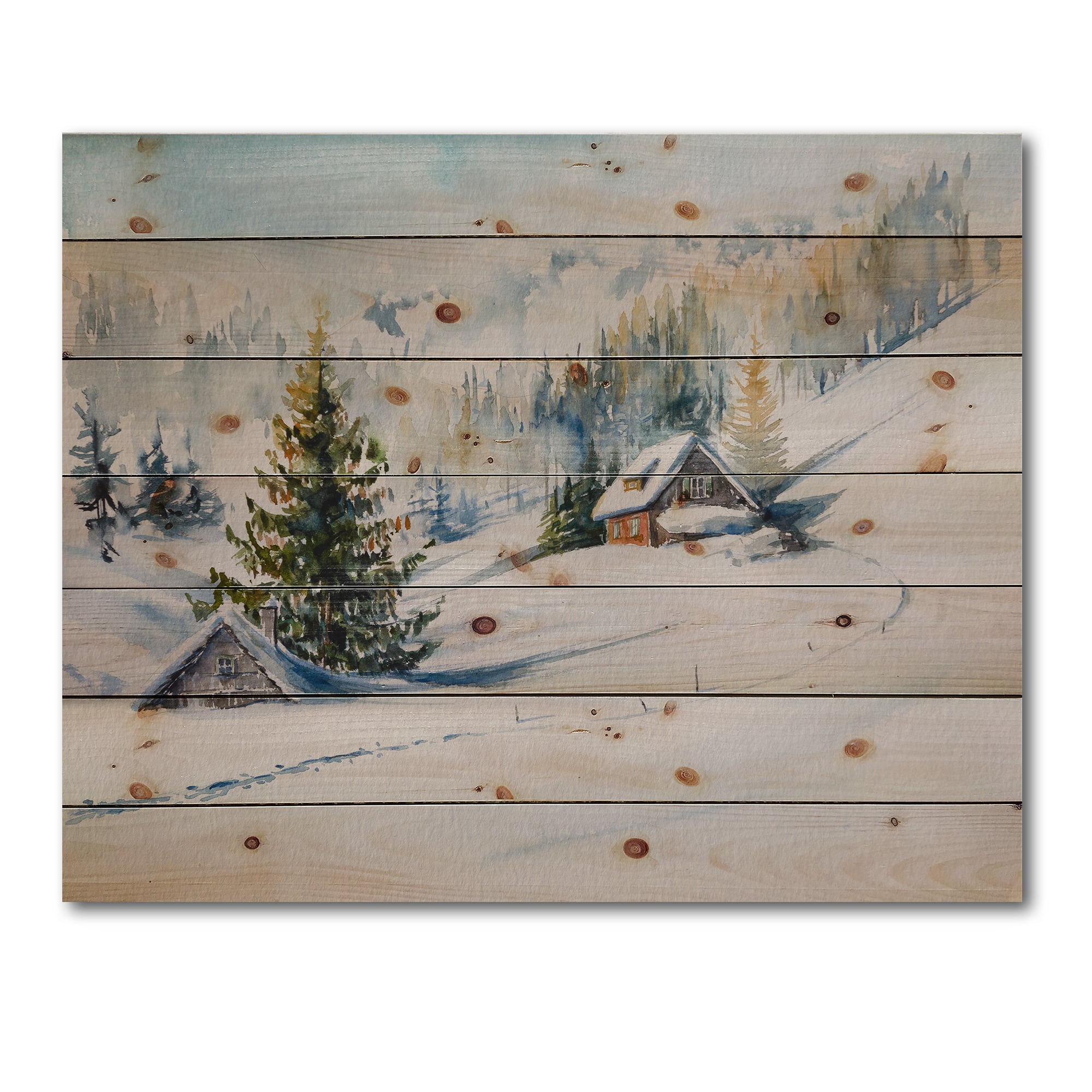 Designart 'The Winter Mountains With Little House' Traditional Print on Natural Pine Wood
