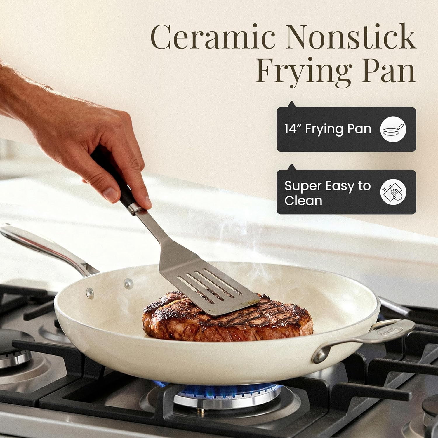 14 Inch Non Stick Frying Pans, Large Family Sized Nonstick Cooking Pan Skillet, Nonstick, Oven and Dishwasher Safe, Cream White