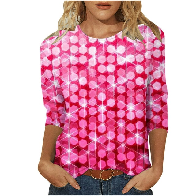 Besolor Hauts Scintillants pour Femmes Manches 3/4 T-Shirts Imprimés Pailletés Décontractés Col Rond Tuniques Tendance Blouses de Travail