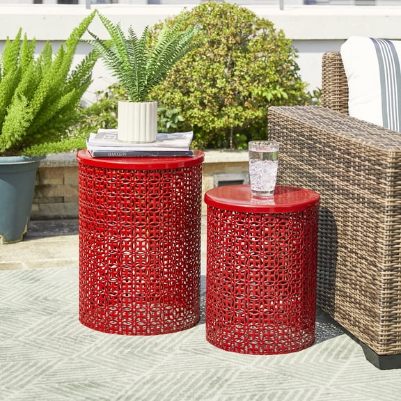 Glossy Red Metal Outdoor Side Table Set Of 2 Decorative Lattice Accent Tables