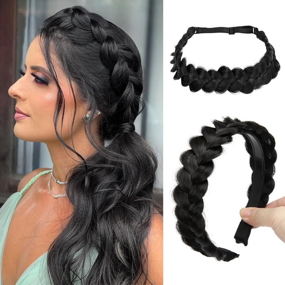 2PCs Braided Headbands Hair Piece for Women Synthetic Hair Hoops Head Bands Handmade Braid Hairband Accessories Elastic Stretch Headwrap Black