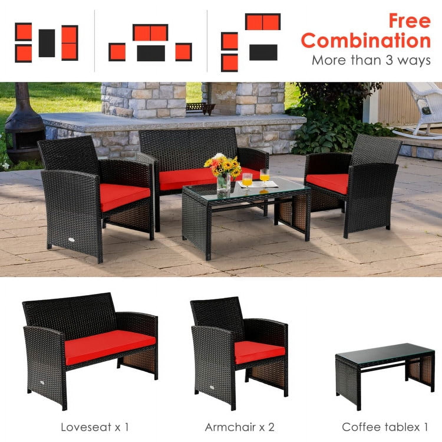 Aimee Lii 4 Pieces Wicker Patio Furniture Set, Coffee Table Cushioned Sofa, Modern Patio Furniture, Red Aimee Lii 4 Pieces Wicker Patio Furniture Set, Coffee Table Cushioned Sofa, Modern Patio Furniture, Red