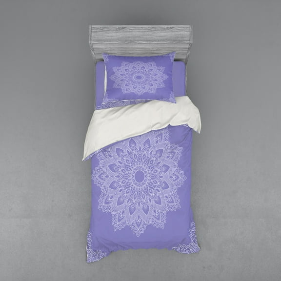 Ambesonne Oriental Bedding Set 3 Pcs, Floral Mandala Drawing, Twin XL, Lavender Blue White