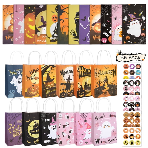 Leyaron Halloween Trick or Treat Bags, 56 Pcs Paper Candy Gift Bags with Handles for Halloween Kids Party Gift Candy Snacks Treat Cookie Supplies