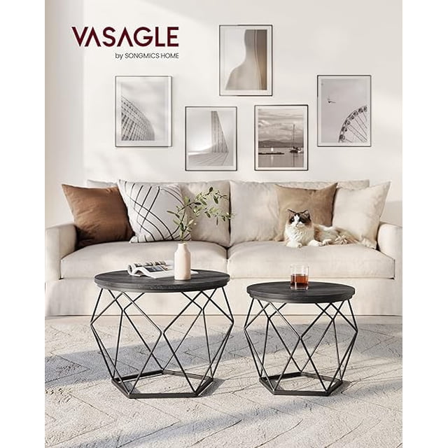 VASAGLE Mesa de Centro Redonda, Juego de 2 Mesas Auxiliares, Tablero Extraíble, Estilo Industrial, Marco de Acero, para Sala de Estar, Negro MLET040B22