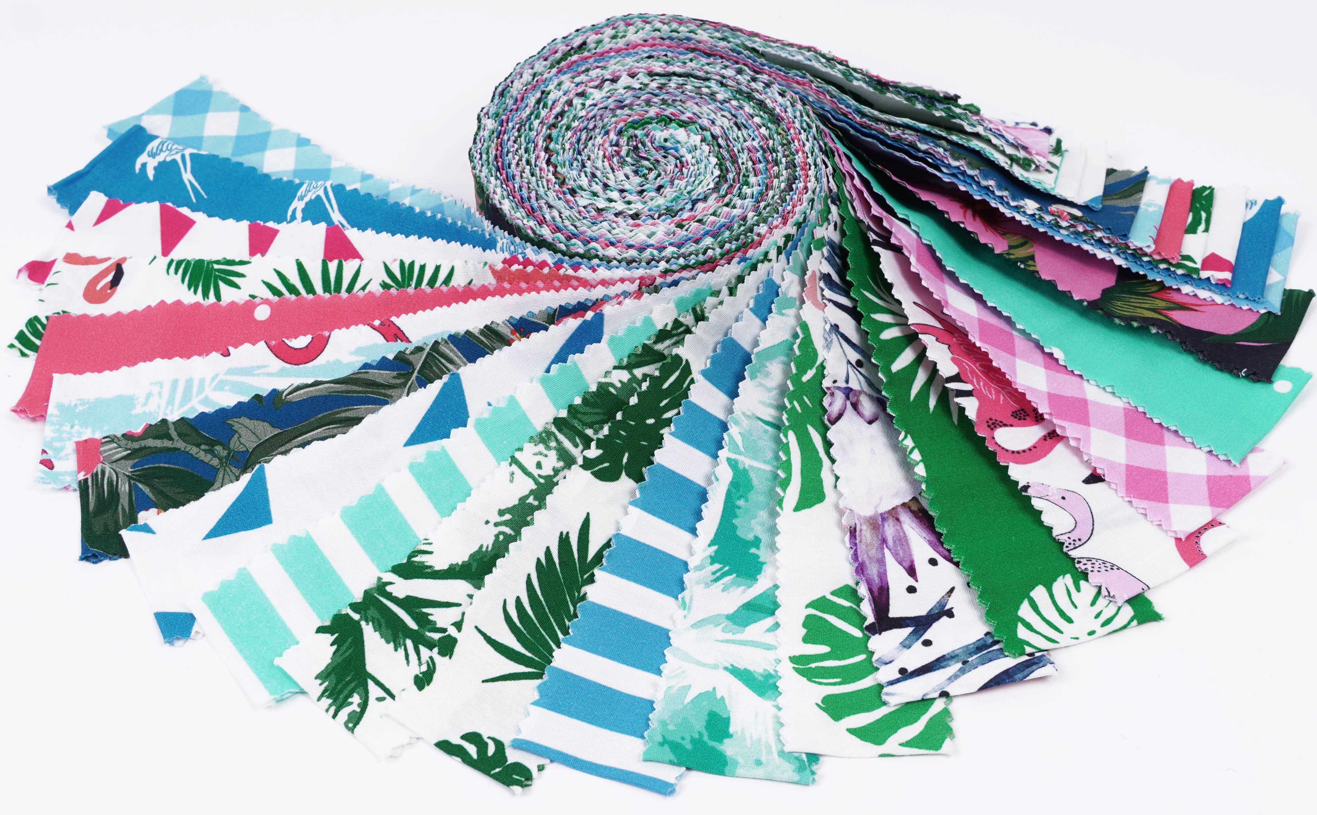 Soimoi 40Pcs Tropical Theme Flamingo Print Precut Fabrics Strips Roll Up 1.5x42inches Cotton Jelly Rolls For Quilting - Pink, Blue & Green