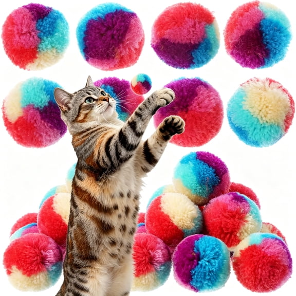 CYFW 20 Pcs Cat Pom Pom Balls,Assorted Color Fur Toy,Small Plush Interactive Soft Fuzzy Toy Balls for Indoor Pet Cat Kitten Teething,Chasing&Self Play