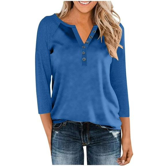 HongQid 3/4 Sleeve Tops for Women Henley Raglan Notched V Neck T Shirts Three Quarter Length Button Shirts Womens Blouses