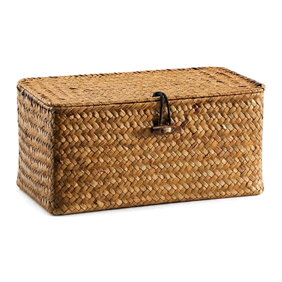 Wicker Storage Basket with Lid, Natural Seagrass Storage Baskets for Organizing, Rectangular Woven Storage Basket, Decorative Boxes and Bins with Lids for Home Organization and Decor, 29 x 19 x 12