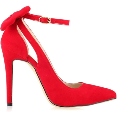 

FAIAI 2024 New Elegant Back Bowtie Buckle High Heels Shoes Woman Ankle Buckle Pointed Black Work Single Shoes Party Red Wedding Women Pumps-Black 6-35