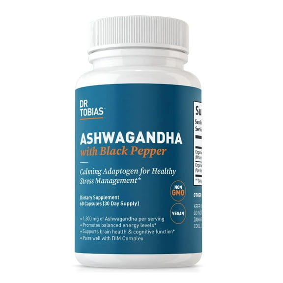 Dr. Tobias Ashwagandha Capsules, 1300mg Organic Ashwagandha Root Extract Per Serving with Black Pepper, Calming Adaptogen, Energy & Focus Supplement, 60 Vegetarian Capsules