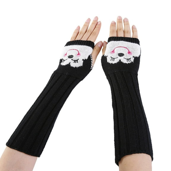 BWASD Womens Winter Fingerless Knitted Gloves Cute Embroidery Splicing Half Finger Arm Warmers With Thumb Hole Thick Warm for Cold Weather Black