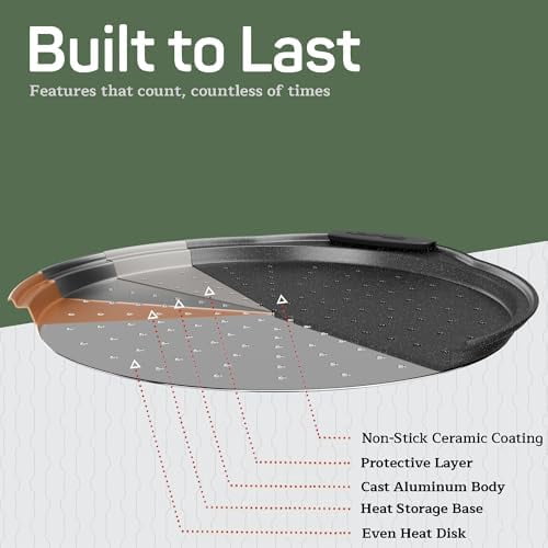 Nonstick Pizza Pan Set with Silicone Handles, Round Carbon Steel Tray 1 Pack 13-Inch with Perforated Holes, Oven & Dishwasher Safe Gray Marble