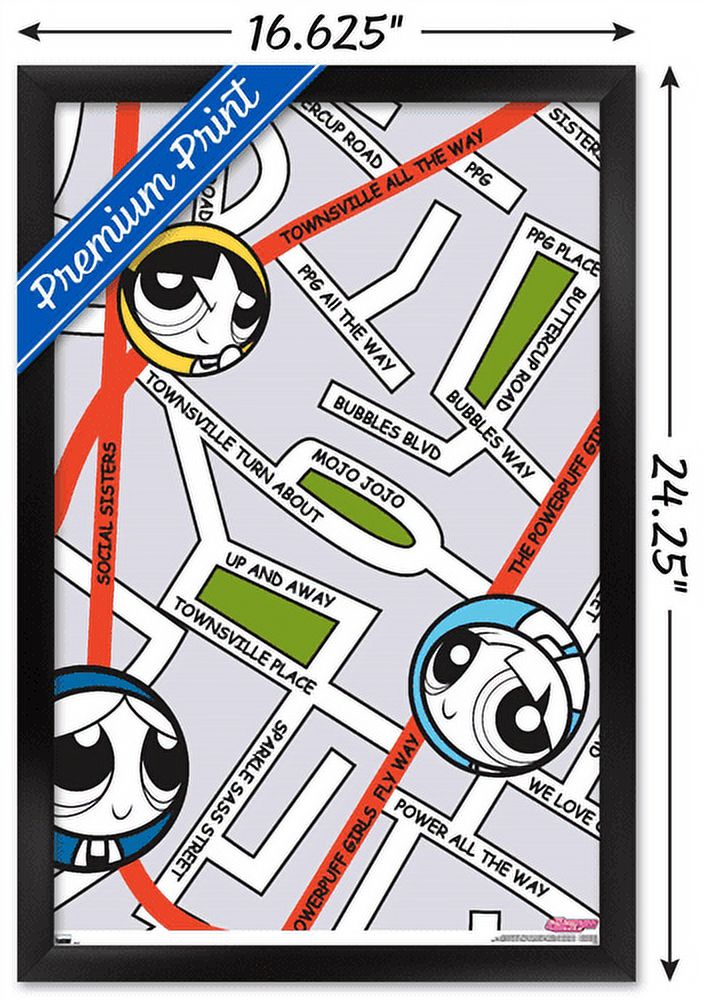 The Powerpuff Girls - Group Map Wall Poster, 14.725" x 22.375", Framed