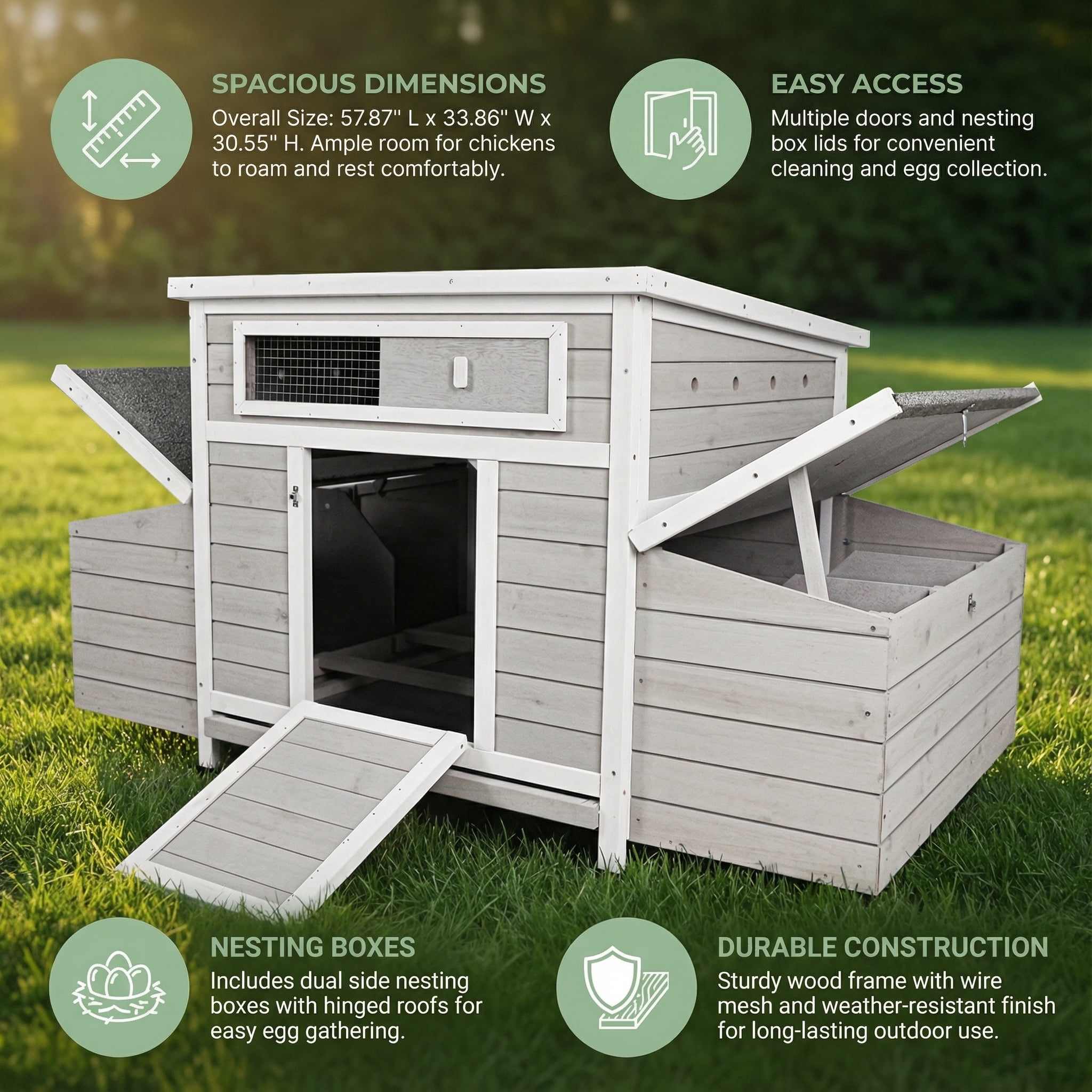 Large Wooden Chicken Coop Outdoor Hen House Poultry Cage for Outdoor with 2 Sides Nesting Boxes