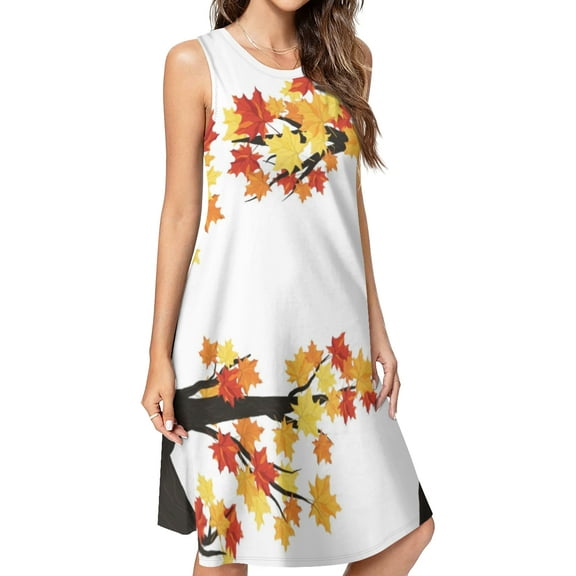 Bird On A Tree With Autumn Leaves Spring Summer Dresses for Women Fashion T-shirt Dress Casual Sleeveless Loose Sundress with Pockets