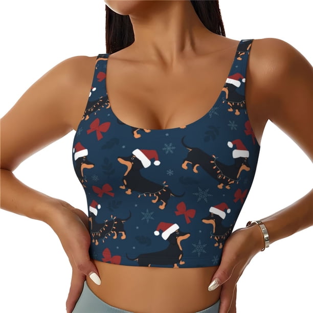 Fotbe Christmas Dachshund Sujetador Deportivo Largo sin Aros para Mujer con Almohadillas y Soporte Medio, Transpirable y Absorbente, Camiseta Tipo Chaleco o Tank Top-XX-Large