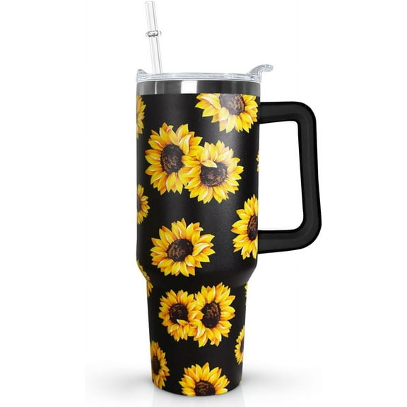 Flower Handle Sunflower Tumbler with Handle Lid and Straw, Sunflower Gifts For Women,40 oz Sunflower Coffee Mugs Cup Stainless Steel Insulated Tumbler,Sunflower Decor