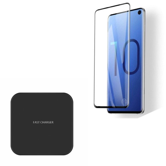 Galaxy S10  Tempered Glass Screen Protector w Fast Wireless Charger - [Fingerprint Works] 3D Curved Edge Full Cover, 7.5W and 10W Charging Pad Slim for Samsung Galaxy S10