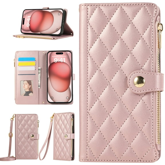 Crossbody Wallet Case for iPhone 11 with Zipper Card Holder & Shoulder Strap & Wrist Strap, RFID Blocking PU Leather Magnetic Flip Kickstand Handbag Purse Case for Women Girls,Rosegold